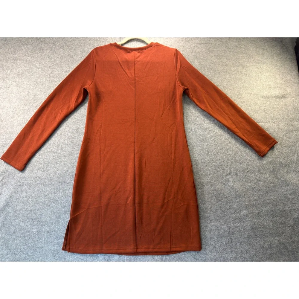 Sampeel Shift Dress Womens Medium Rust Orange Long Sleeve Crew Neck Side Slit